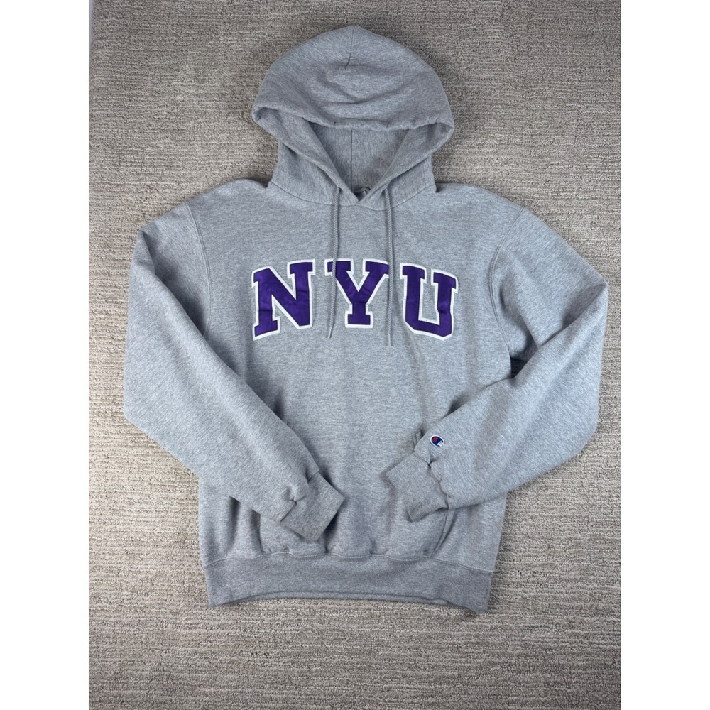 Champion NYU Hoodie Sweatshirt Gray Purple Spellout Applique Mens Medium